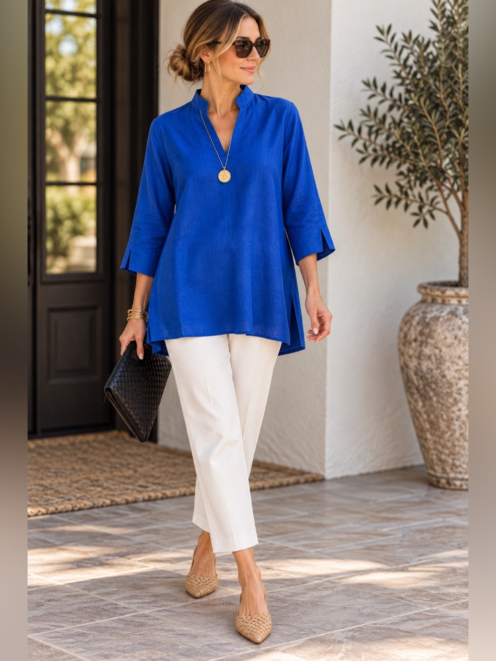 Eileen Fisher Cobalt Blue Mandarin V-Neck Tunic
